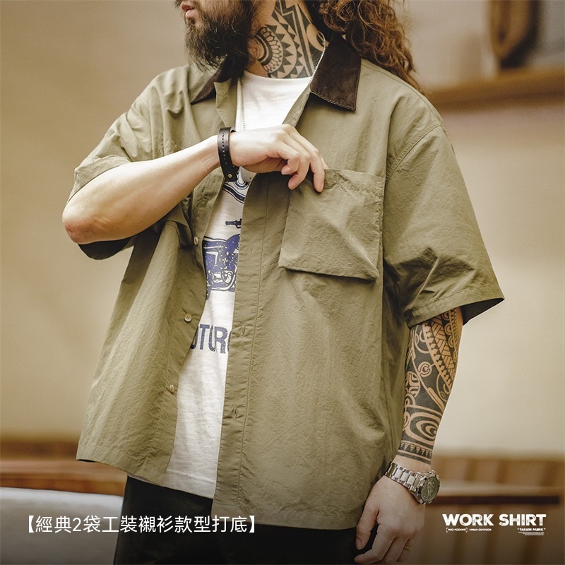 美式復古防水薄款短袖襯衫戶外寬鬆半袖口袋獵裝襯衣男夏-Retro's Wear