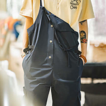 美式機能風工裝背帶褲山系戶外防水寬鬆個性闊腿褲女-Retro's Wear