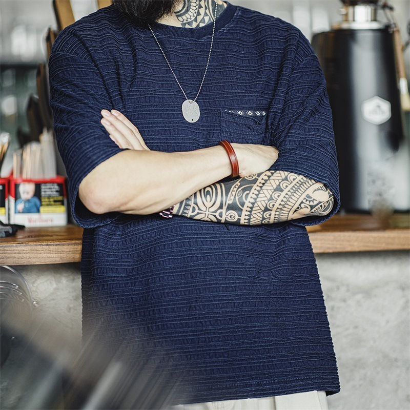 美式復古針織提花波浪紋T恤肌理感咔嘰寬鬆短袖體恤男夏-Retro's Wear