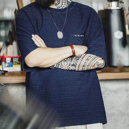 美式復古針織提花波浪紋T恤肌理感咔嘰寬鬆短袖體恤男夏-Retro's Wear