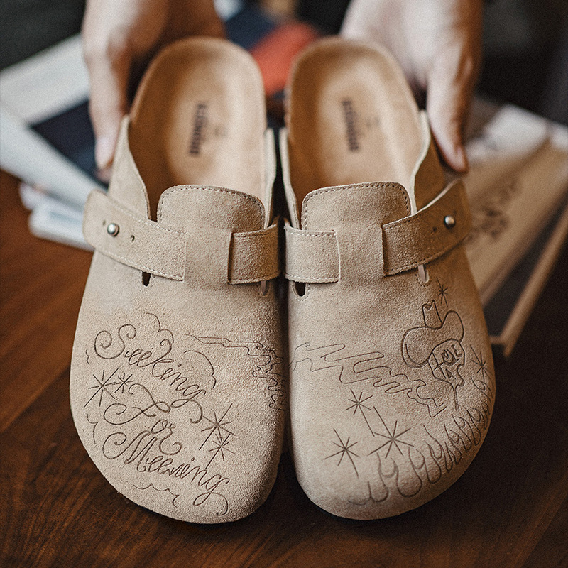 插畫版勃肯穆勒鞋半拖厚底外穿釣魚平底包頭涼拖鞋男夏-Retro's Wear