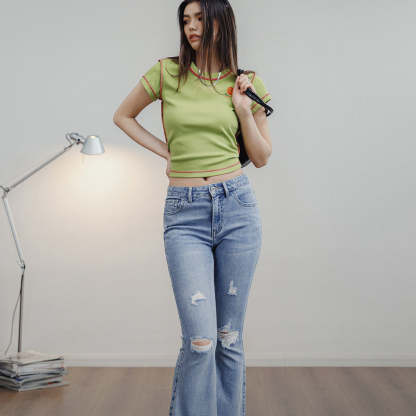 破洞淺色牛仔褲修身微喇叭褲顯瘦長款馬蹄褲毛邊長褲夏女-Retro's Wear