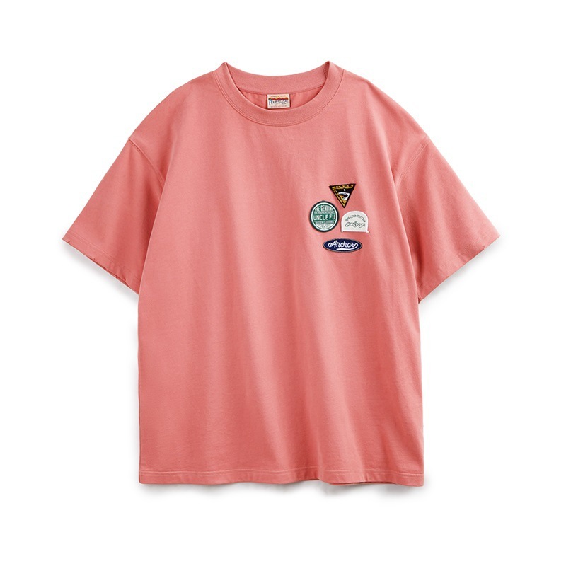 美式休閒刺繡徽章短袖T恤設計感純棉圓領五分袖Tee男夏-Retro's Wear