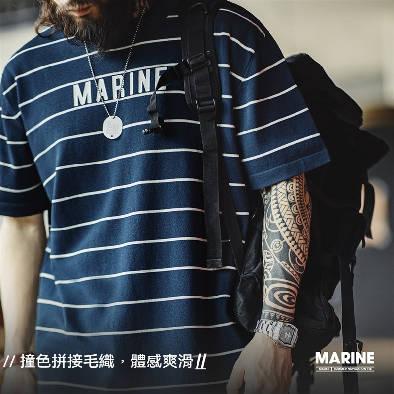 美式復古撞色條紋短袖T恤字母印花半袖海魂衫體恤男夏-Retro's Wear