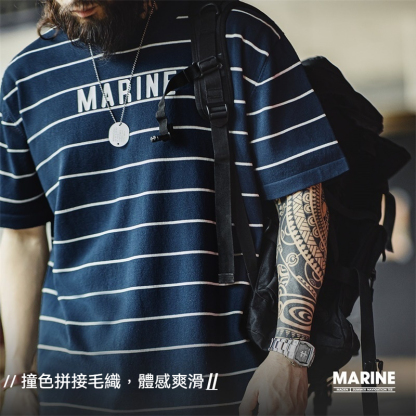 美式復古撞色條紋短袖T恤字母印花半袖海魂衫體恤男夏-Retro's Wear