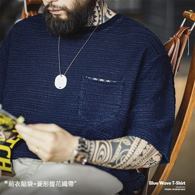 美式復古針織提花波浪紋T恤肌理感咔嘰寬鬆短袖體恤男夏-Retro's Wear