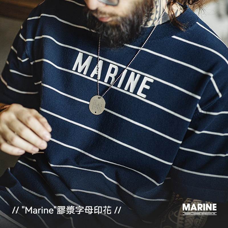 美式復古撞色條紋短袖T恤字母印花半袖海魂衫體恤男夏-Retro's Wear
