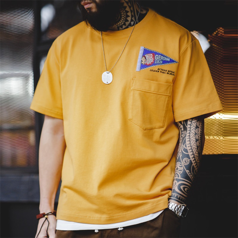 美式復古印第安刺繡短袖T恤撞色字母重磅黃色圓領Tee男夏-Retro's Wear