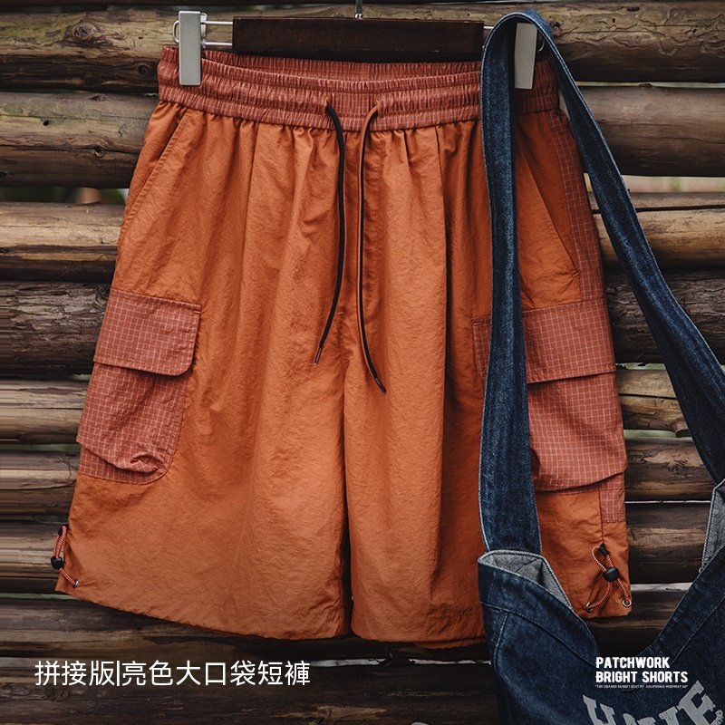 美式復古落日橘直筒短褲多巴胺寬鬆尼龍五分沙灘褲男夏-Retro's Wear