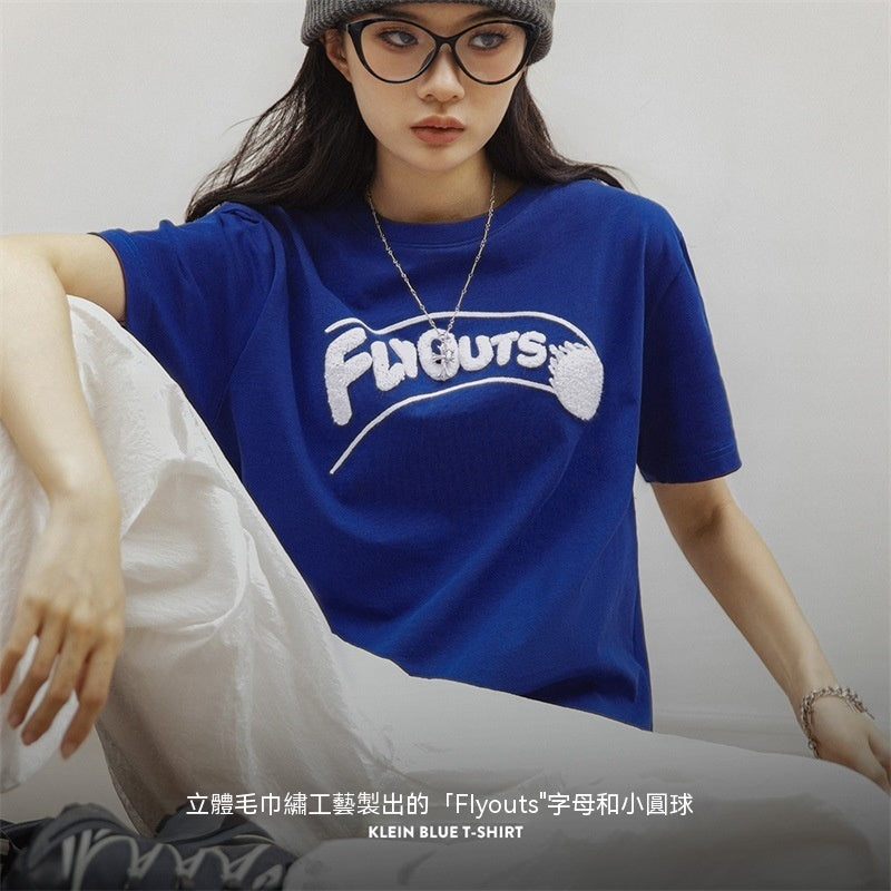 克萊因藍短袖棒球美式純棉T恤圓領休閒寬鬆落肩顯瘦上衣-Retro's Wear