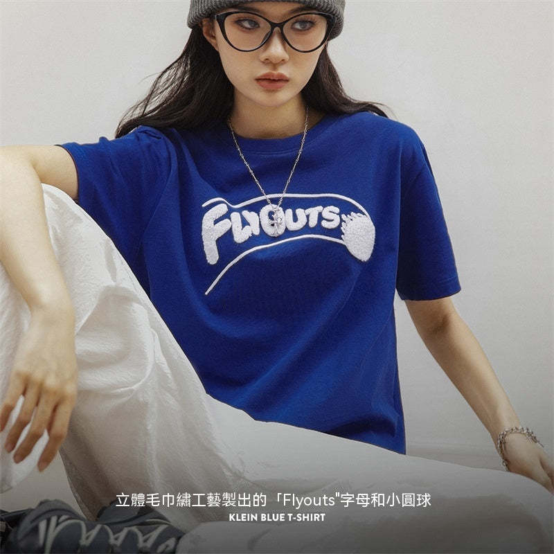 克萊因藍短袖棒球美式純棉T恤圓領休閒寬鬆落肩顯瘦上衣-Retro's Wear
