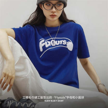 克萊因藍短袖棒球美式純棉T恤圓領休閒寬鬆落肩顯瘦上衣-Retro's Wear