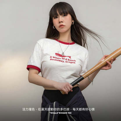 印花字母短袖休閒寬鬆圓領上衣正肩T恤撞色羅紋顯瘦打底衫女-Retro's Wear