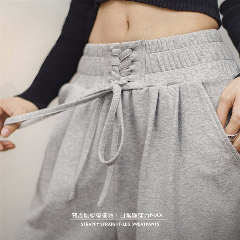 收腹束腰綁帶喇叭衛褲運動褲美式復古直筒闊腿香蕉褲-Retro's Wear
