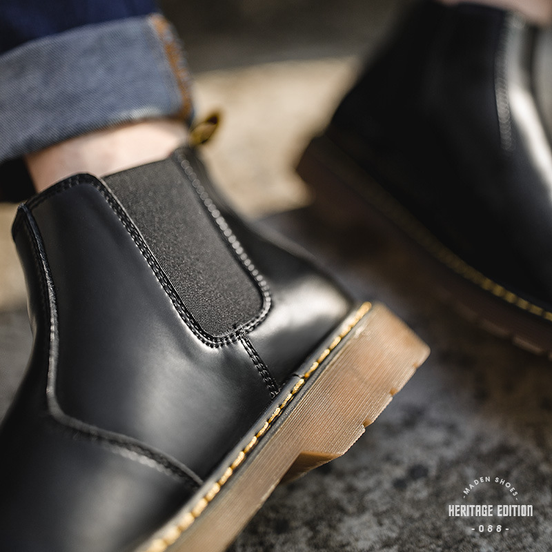 切爾西靴夏季英倫風中幫休閒工裝男鞋黑色高幫真皮馬丁靴子-Retro's Wear