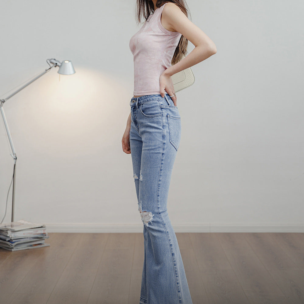 破洞淺色牛仔褲修身微喇叭褲顯瘦長款馬蹄褲毛邊長褲夏女-Retro's Wear