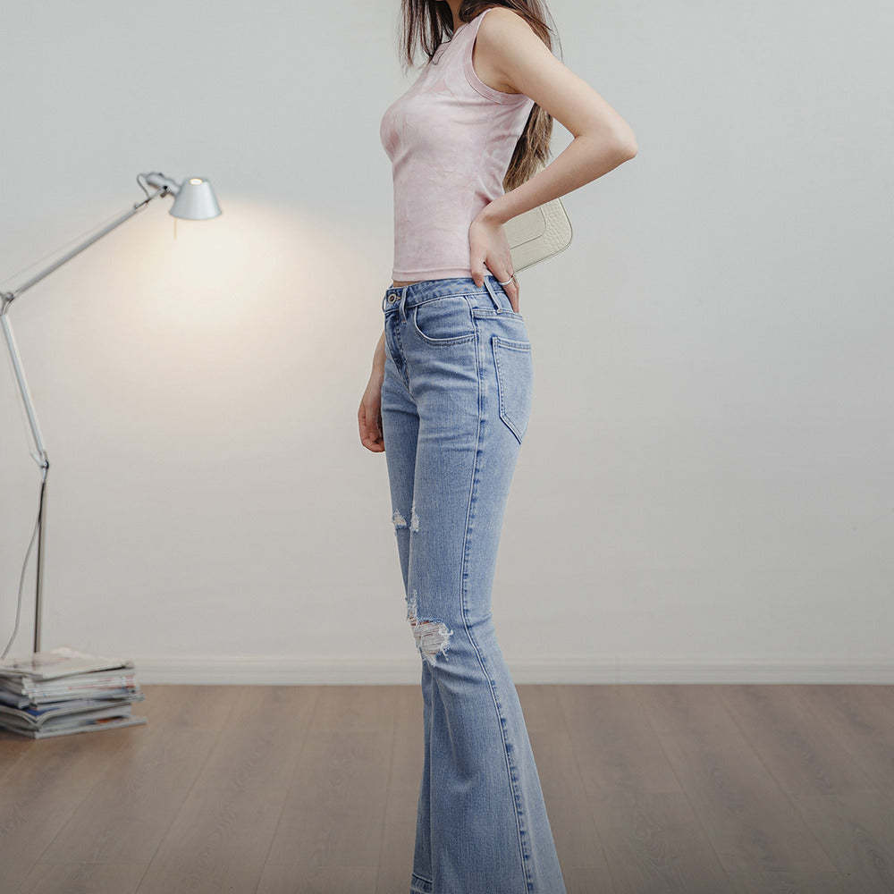 破洞淺色牛仔褲修身微喇叭褲顯瘦長款馬蹄褲毛邊長褲夏女-Retro's Wear