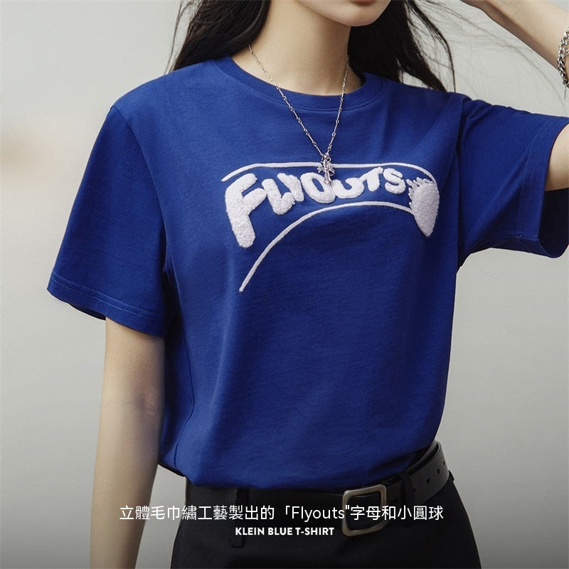 克萊因藍短袖棒球美式純棉T恤圓領休閒寬鬆落肩顯瘦上衣-Retro's Wear