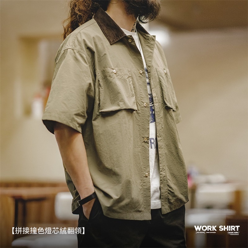 美式復古防水薄款短袖襯衫戶外寬鬆半袖口袋獵裝襯衣男夏-Retro's Wear