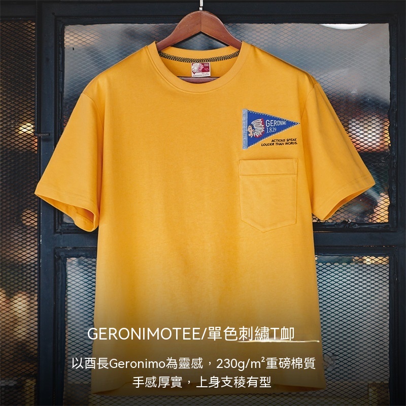 美式復古印第安刺繡短袖T恤撞色字母重磅黃色圓領Tee男夏-Retro's Wear