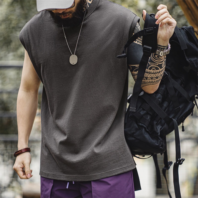 美式棉籽殼重磅針織寬肩背心運動純棉無袖坎肩T恤男夏-Retro's Wear