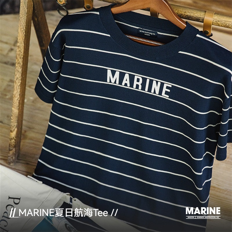 美式復古撞色條紋短袖T恤字母印花半袖海魂衫體恤男夏-Retro's Wear