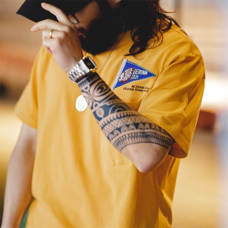 美式復古印第安刺繡短袖T恤撞色字母重磅黃色圓領Tee男夏-Retro's Wear