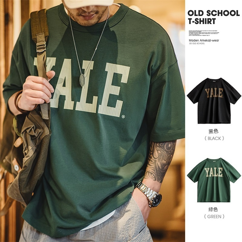 美式撞色字母印花T恤學院風耶魯大學純棉短袖體恤男夏-Retro's Wear