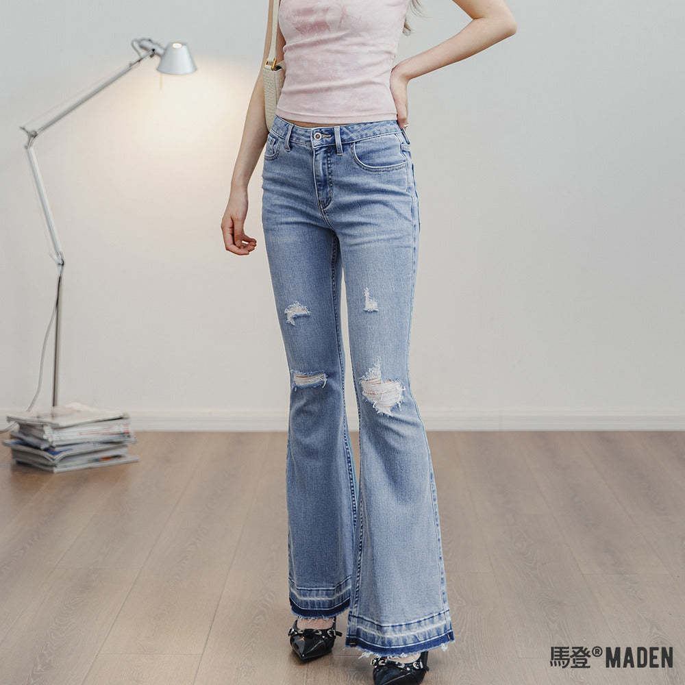 破洞淺色牛仔褲修身微喇叭褲顯瘦長款馬蹄褲毛邊長褲夏女-Retro's Wear