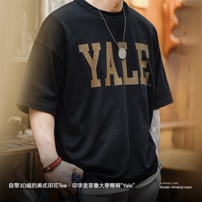 美式撞色字母印花T恤學院風耶魯大學純棉短袖體恤男夏-Retro's Wear