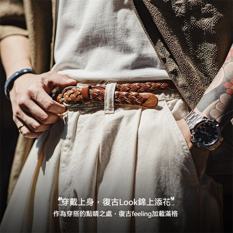 復古編織植鞣牛皮真皮腰帶阿美咔嘰配飾帶頭針扣皮帶男女-Retro's Wear