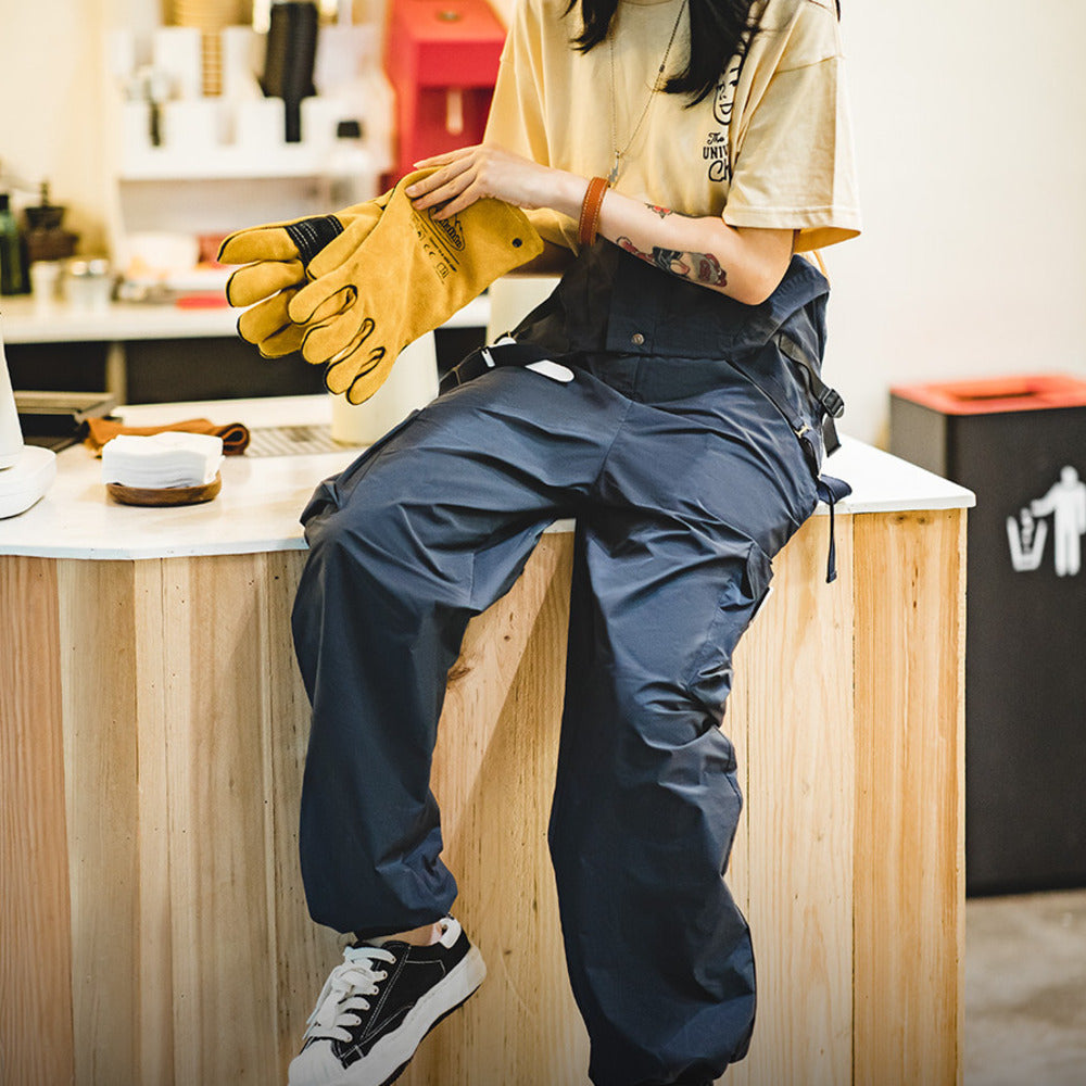 美式機能風工裝背帶褲山系戶外防水寬鬆個性闊腿褲女-Retro's Wear