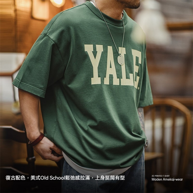 美式撞色字母印花T恤學院風耶魯大學純棉短袖體恤男夏-Retro's Wear