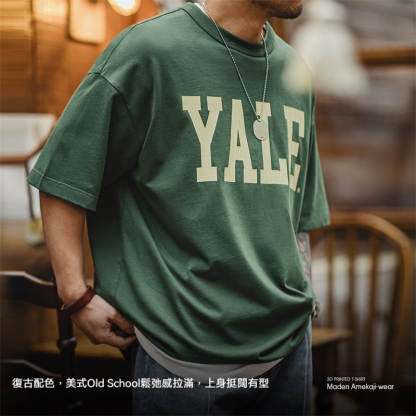 美式撞色字母印花T恤學院風耶魯大學純棉短袖體恤男夏-Retro's Wear