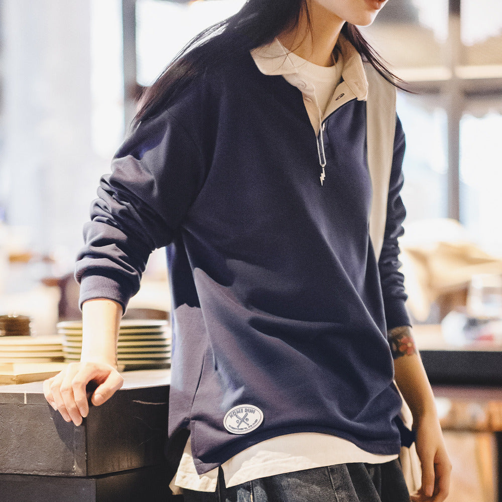 美式長袖T恤打底衫撞色衛衣寬鬆內搭上衣春款polo衫-Retro's Wear