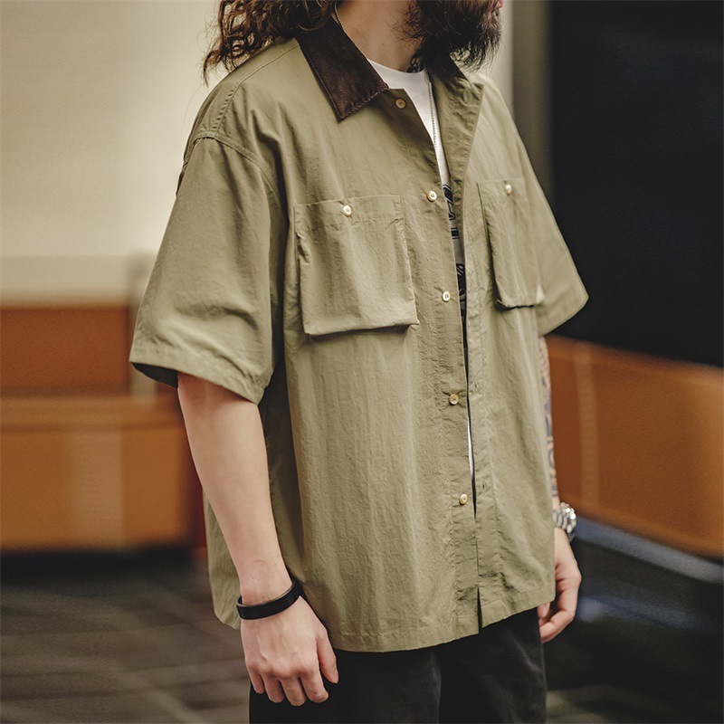 美式復古防水薄款短袖襯衫戶外寬鬆半袖口袋獵裝襯衣男夏-Retro's Wear