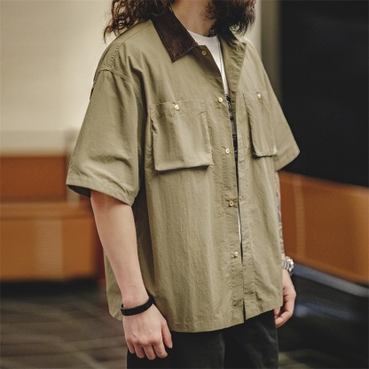美式復古防水薄款短袖襯衫戶外寬鬆半袖口袋獵裝襯衣男夏-Retro's Wear