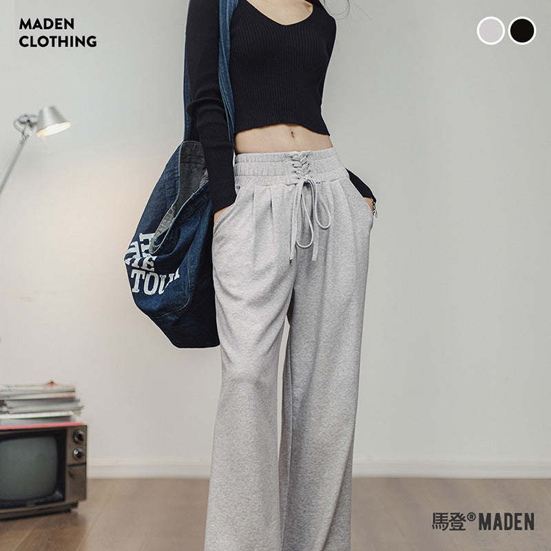 收腹束腰綁帶喇叭衛褲運動褲美式復古直筒闊腿香蕉褲-Retro's Wear