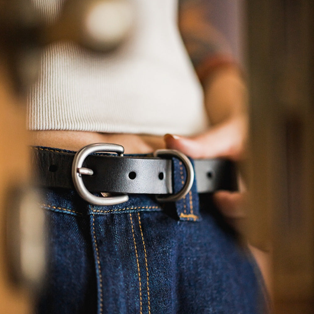 植鞣頭層真牛皮小皮帶牛仔褲簡約雙環裝潢細黑色腰帶-Retro's Wear