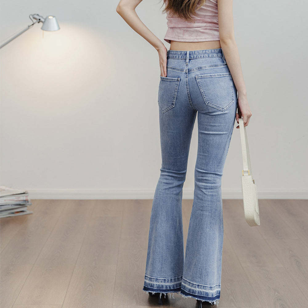 破洞淺色牛仔褲修身微喇叭褲顯瘦長款馬蹄褲毛邊長褲夏女-Retro's Wear