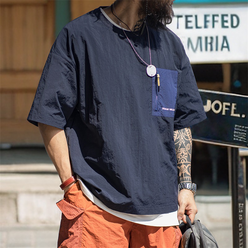 山系戶外薄款口袋拼接短袖T恤落肩尼龍透氣半袖體恤男夏-Retro's Wear