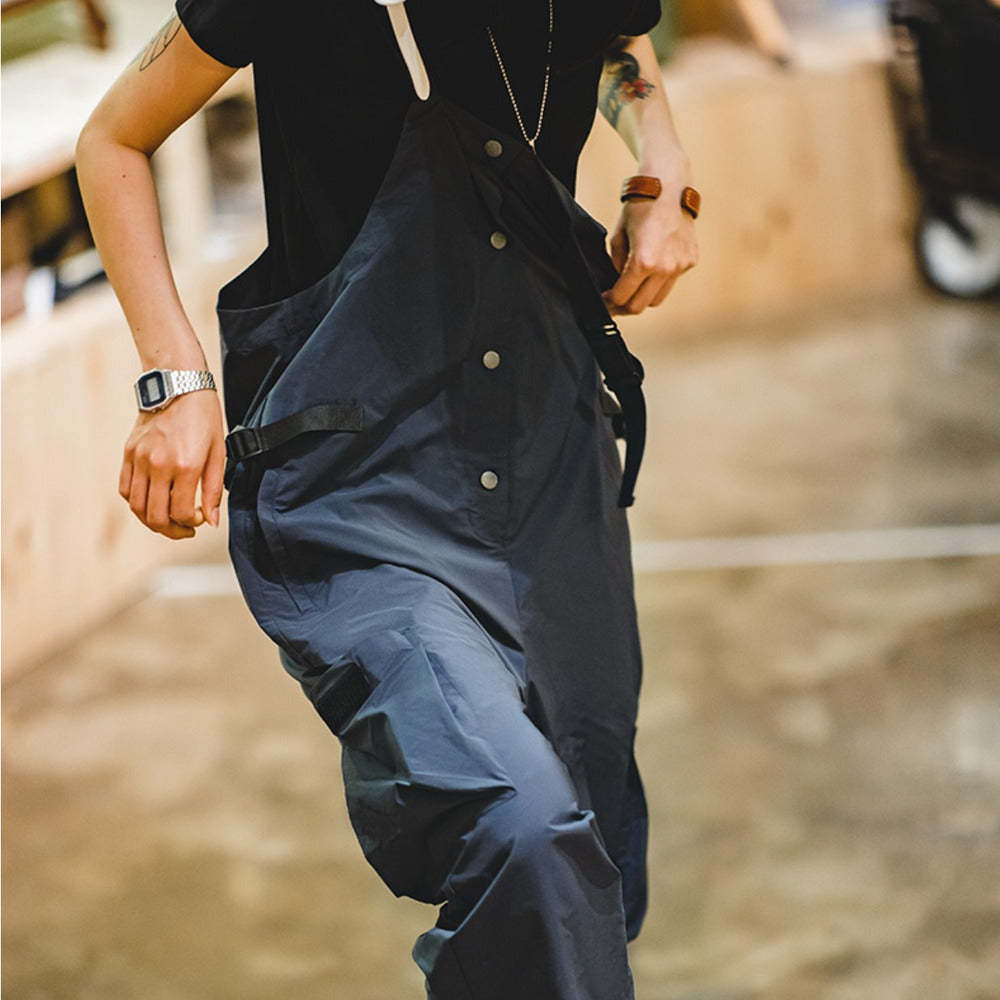 美式機能風工裝背帶褲山系戶外防水寬鬆個性闊腿褲女-Retro's Wear