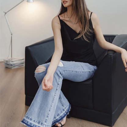 破洞淺色牛仔褲修身微喇叭褲顯瘦長款馬蹄褲毛邊長褲夏女-Retro's Wear