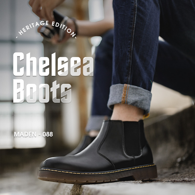 切爾西靴夏季英倫風中幫休閒工裝男鞋黑色高幫真皮馬丁靴子-Retro's Wear