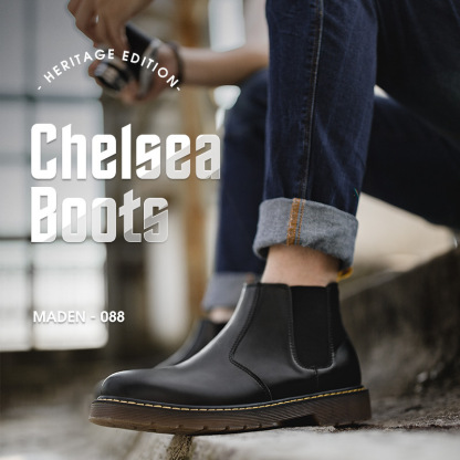 切爾西靴夏季英倫風中幫休閒工裝男鞋黑色高幫真皮馬丁靴子-Retro's Wear