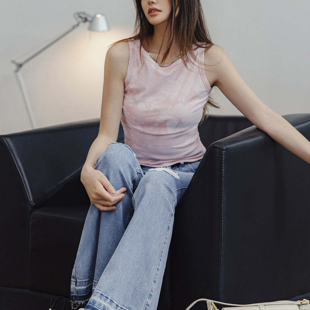 破洞淺色牛仔褲修身微喇叭褲顯瘦長款馬蹄褲毛邊長褲夏女-Retro's Wear