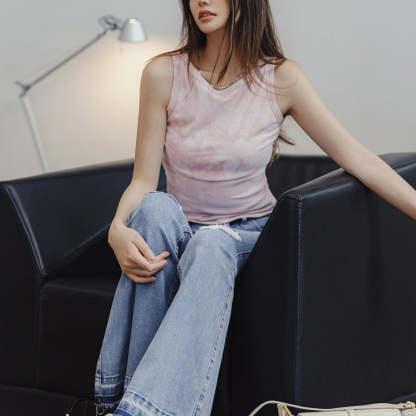 破洞淺色牛仔褲修身微喇叭褲顯瘦長款馬蹄褲毛邊長褲夏女-Retro's Wear