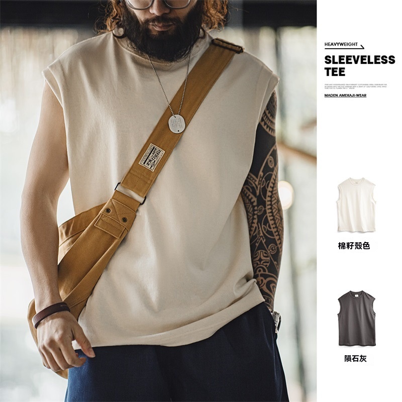 美式棉籽殼重磅針織寬肩背心運動純棉無袖坎肩T恤男夏-Retro's Wear