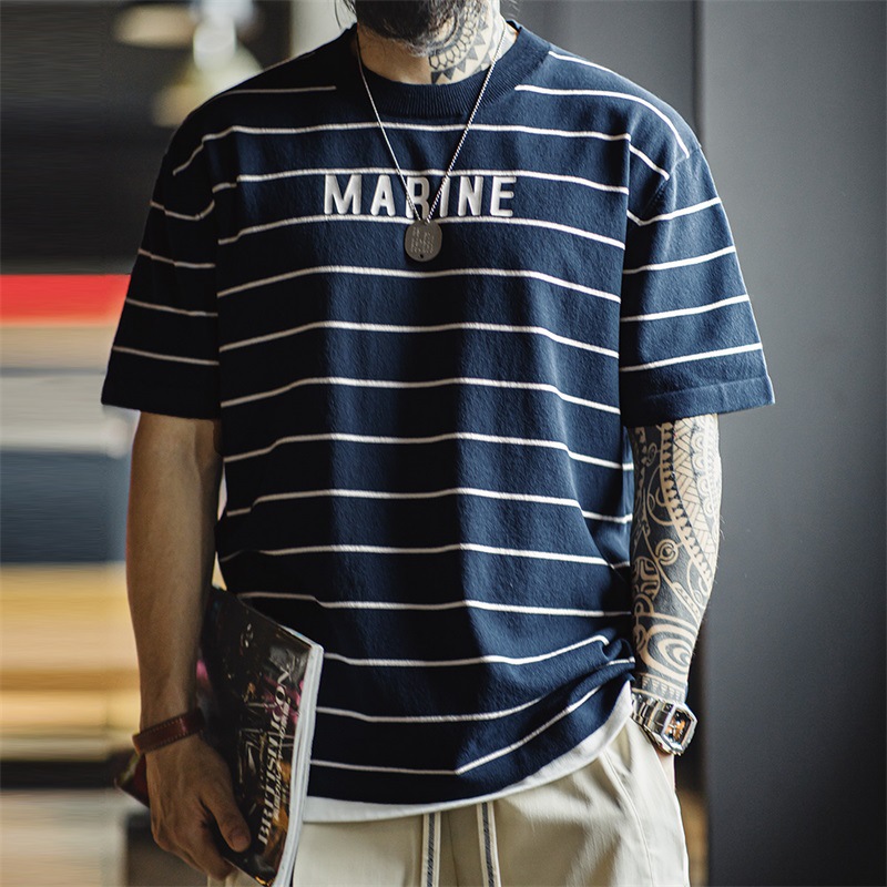 美式復古撞色條紋短袖T恤字母印花半袖海魂衫體恤男夏-Retro's Wear