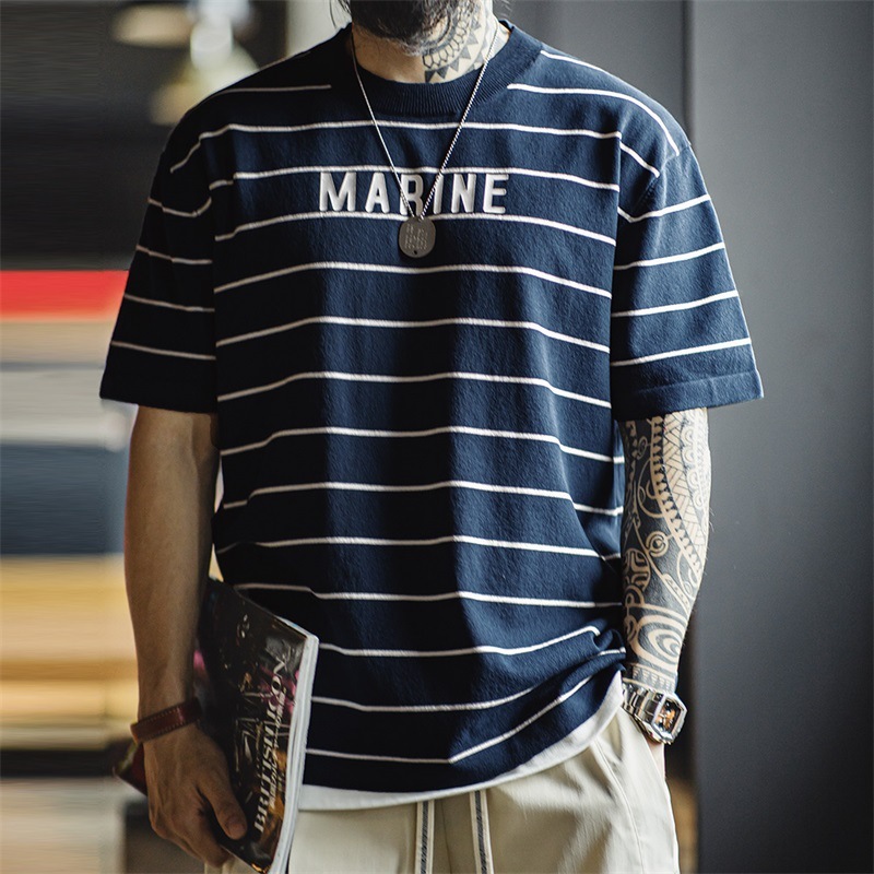 美式復古撞色條紋短袖T恤字母印花半袖海魂衫體恤男夏-Retro's Wear